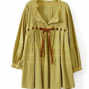 Bohemian Olive Green Dress with Brown Ribbon